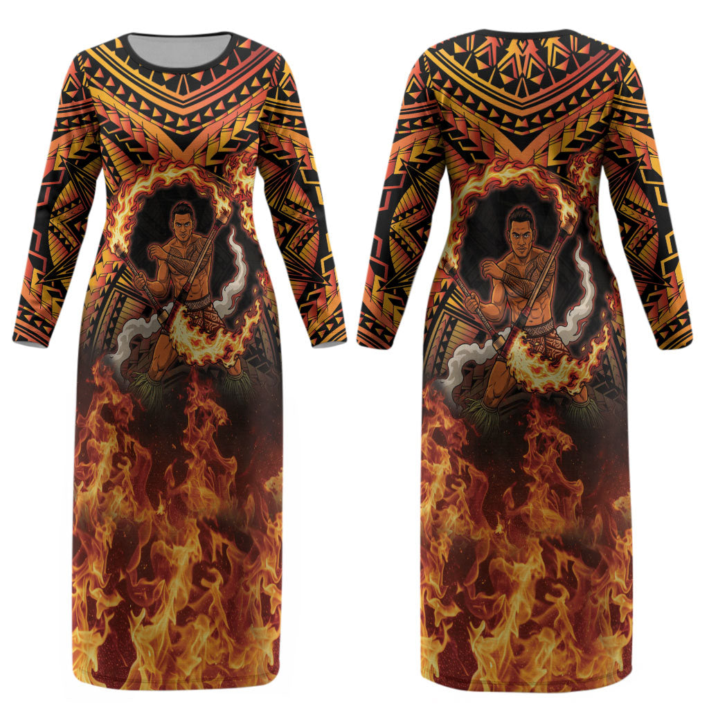 Samoa Siva Afi Dance Fireknife Couples Matching Long Sleeve Bodycon Dress and Hawaiian Shirt Samoan Tribal Motif Dancing in the Fire