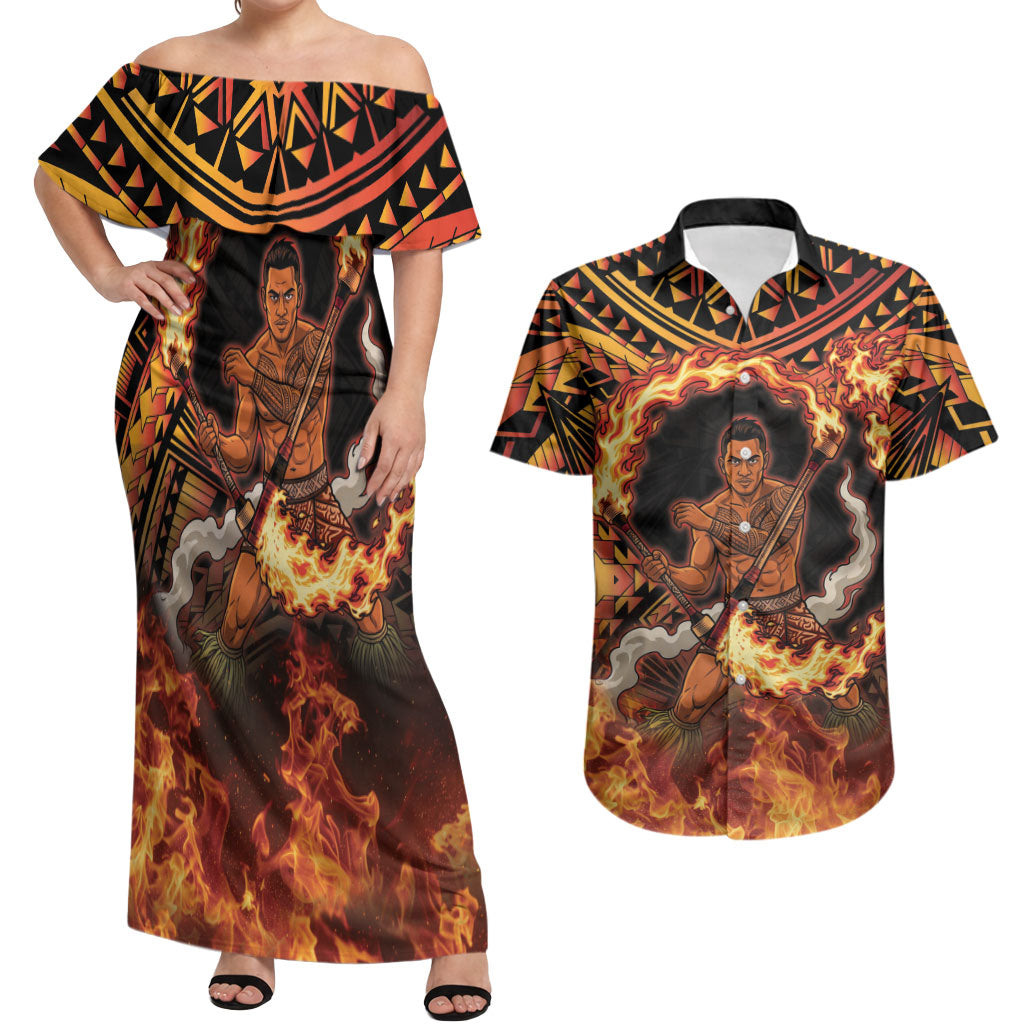 Samoa Siva Afi Dance Fireknife Couples Matching Off Shoulder Maxi Dress and Hawaiian Shirt Samoan Tribal Motif Dancing in the Fire