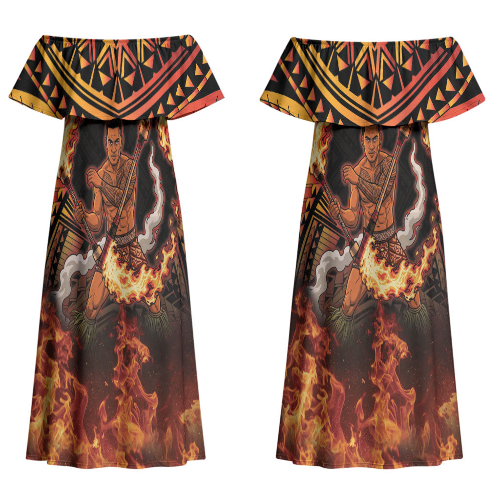 Samoa Siva Afi Dance Fireknife Couples Matching Off Shoulder Maxi Dress and Long Sleeve Button Shirt Samoan Tribal Motif Dancing in the Fire
