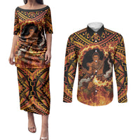 Samoa Siva Afi Dance Fireknife Couples Matching Puletasi and Long Sleeve Button Shirt Samoan Tribal Motif Dancing in the Fire