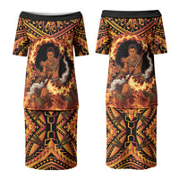 Samoa Siva Afi Dance Fireknife Couples Matching Puletasi and Long Sleeve Button Shirt Samoan Tribal Motif Dancing in the Fire