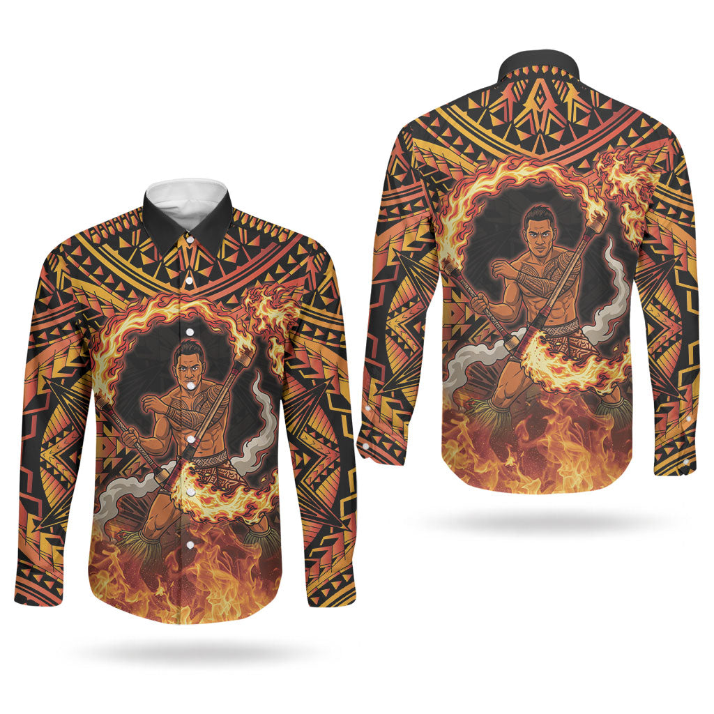 Samoa Siva Afi Dance Fireknife Couples Matching Summer Maxi Dress and Long Sleeve Button Shirt Samoan Tribal Motif Dancing in the Fire