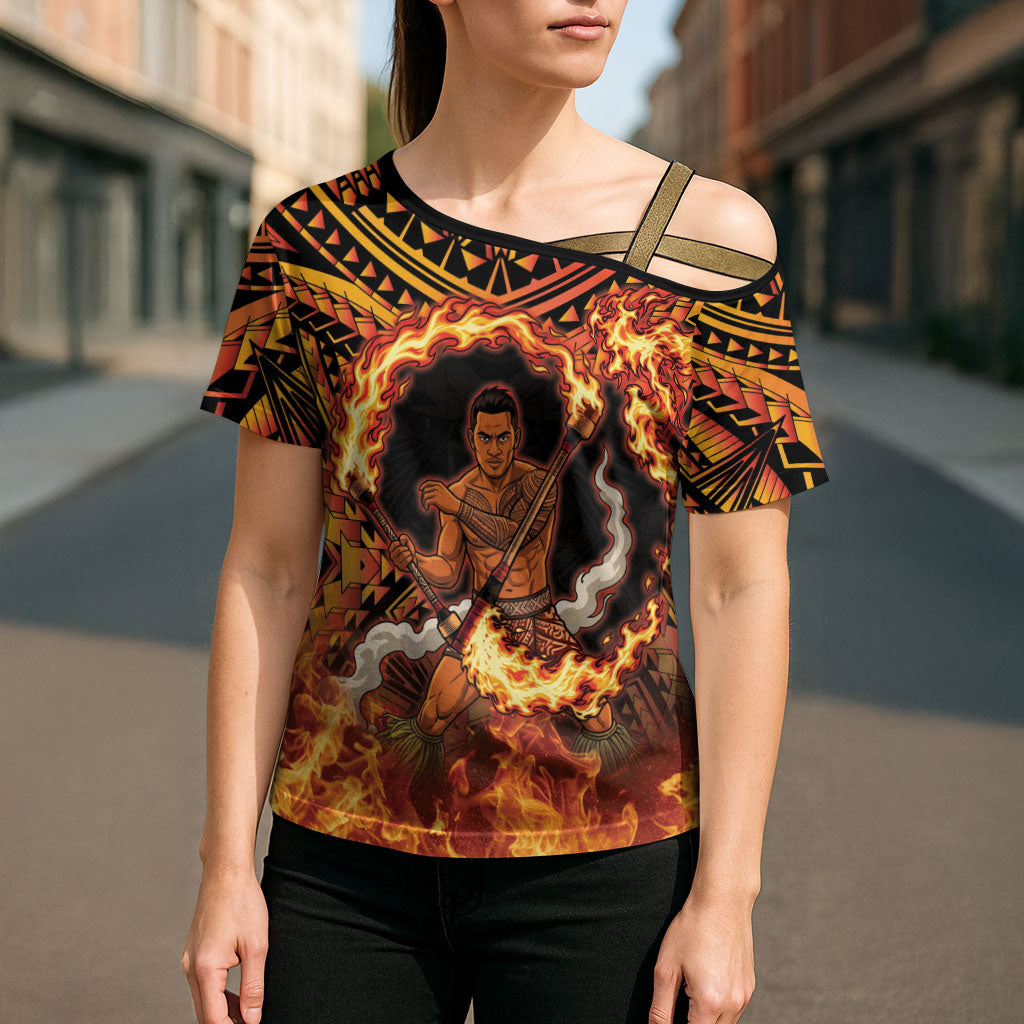 Samoa Siva Afi Dance Fireknife Cross Shoulder Shirt Samoan Tribal Motif Dancing in the Fire