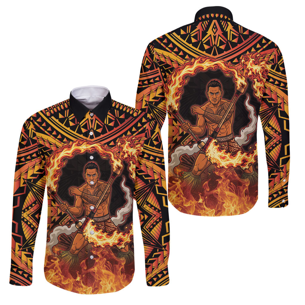 Samoa Siva Afi Dance Fireknife Family Matching Long Sleeve Bodycon Dress and Hawaiian Shirt Samoan Tribal Motif Dancing in the Fire