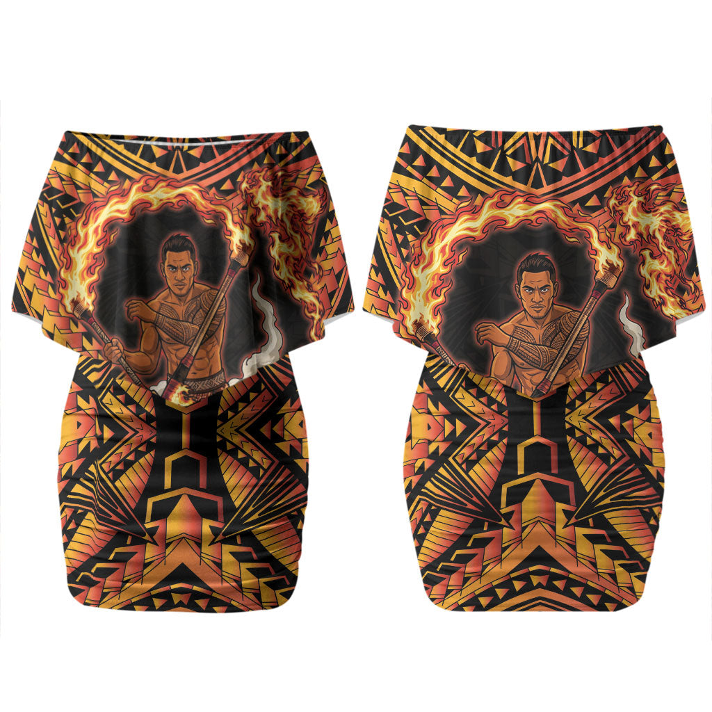 Samoa Siva Afi Dance Fireknife Family Matching Off Shoulder Short Dress and Hawaiian Shirt Samoan Tribal Motif Dancing in the Fire