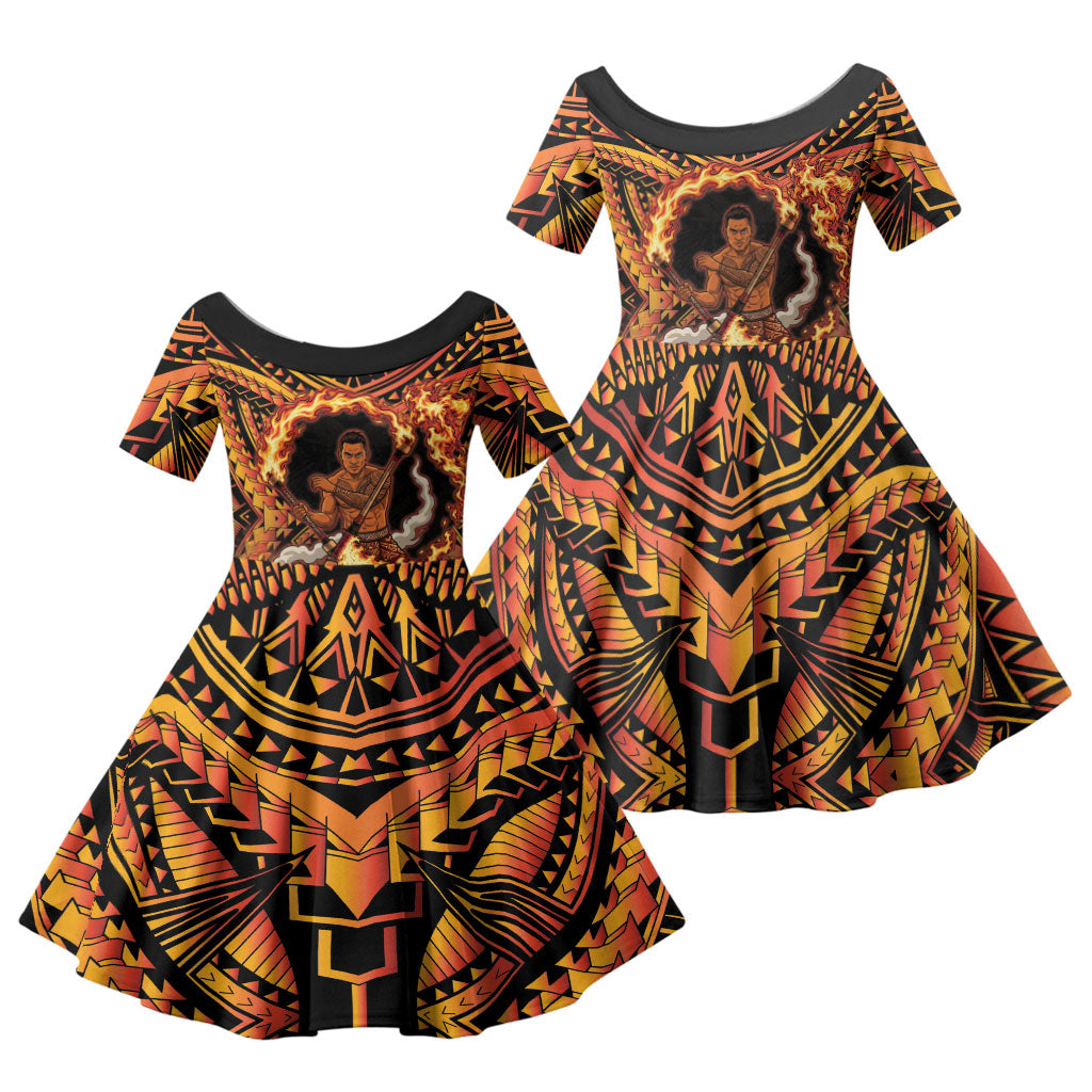 Samoa Siva Afi Dance Fireknife Family Matching Summer Maxi Dress and Hawaiian Shirt Samoan Tribal Motif Dancing in the Fire