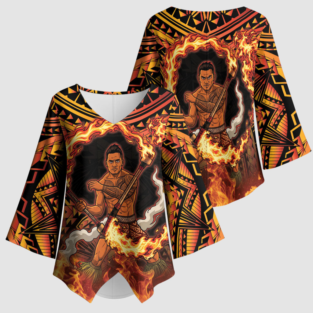 Samoa Siva Afi Dance Fireknife Kimono Sleeve Blouse Samoan Tribal Motif Dancing in the Fire