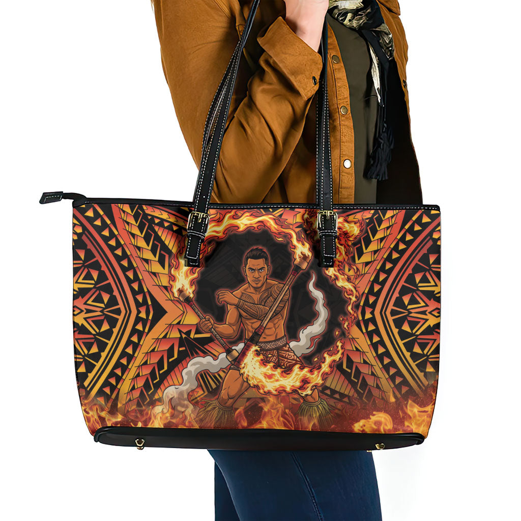 Samoa Siva Afi Dance Fireknife Leather Tote Bag Samoan Tribal Motif Dancing in the Fire