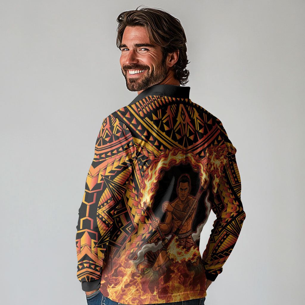 Samoa Siva Afi Dance Fireknife Long Sleeve Polo Shirt Samoan Tribal Motif Dancing in the Fire