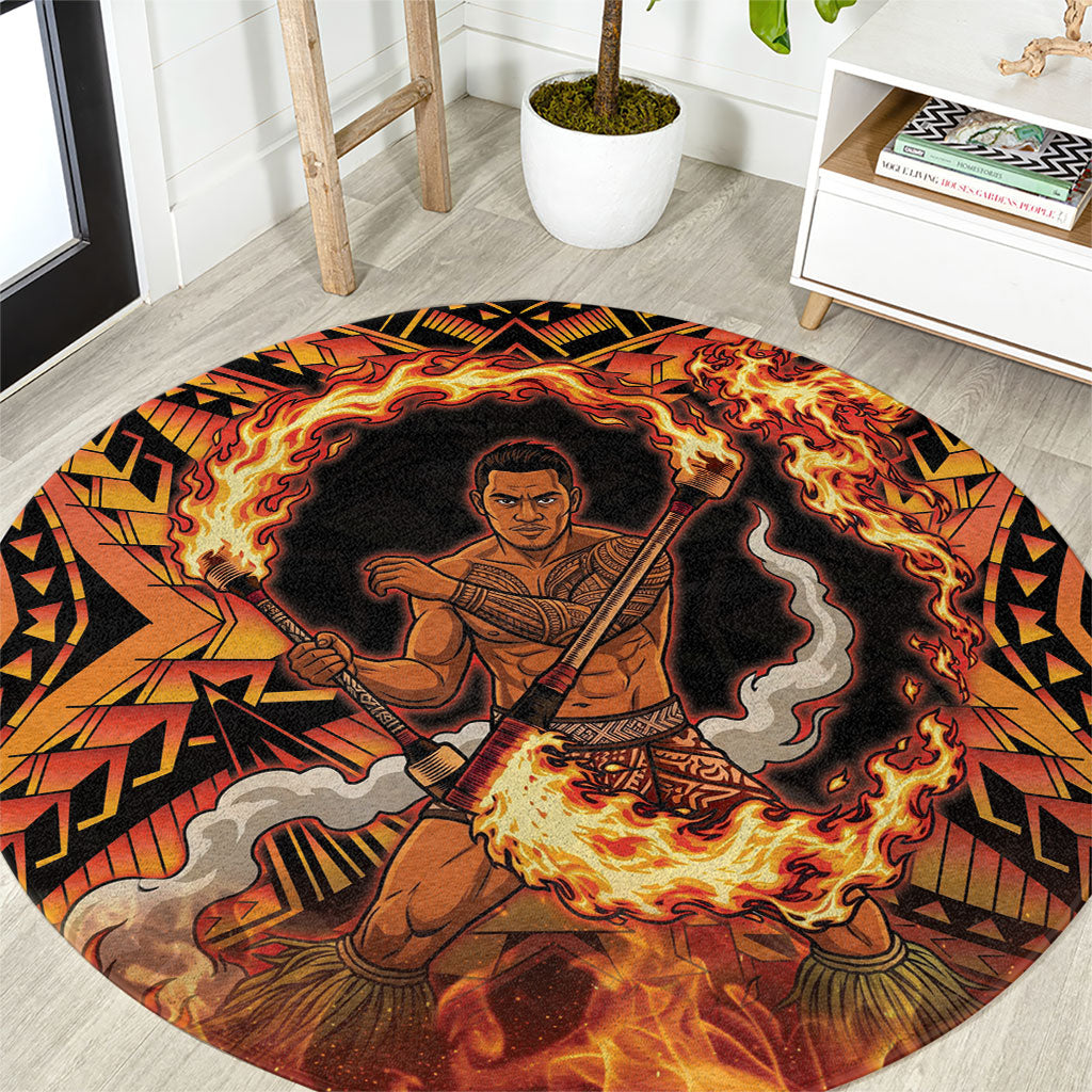 Samoa Siva Afi Dance Fireknife Round Carpet Samoan Tribal Motif Dancing in the Fire
