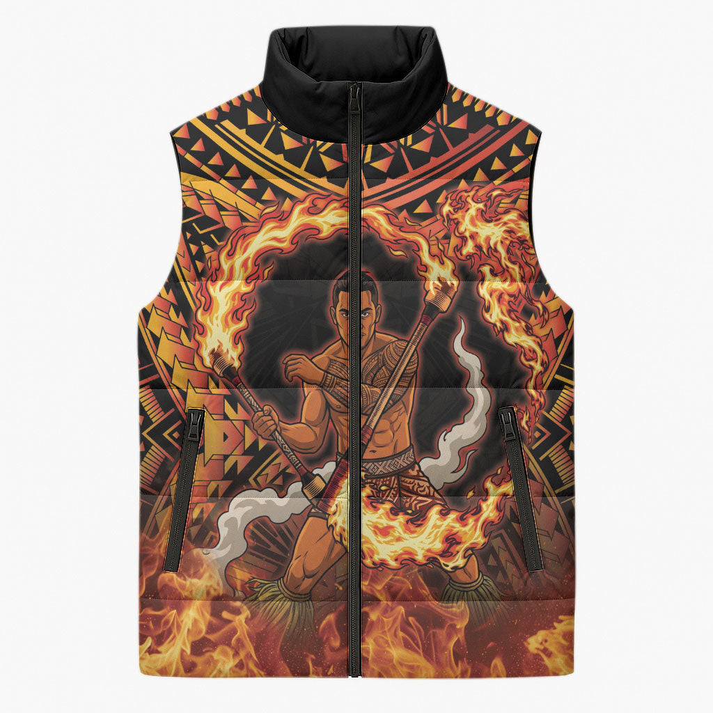 Samoa Siva Afi Dance Fireknife Sleeveless Puffer Jacket Samoan Tribal Motif Dancing in the Fire