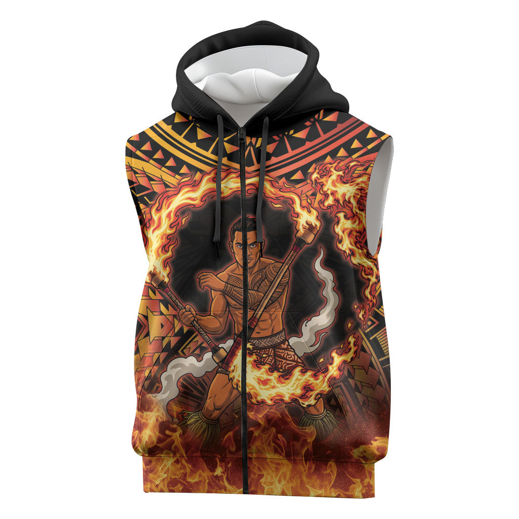 Samoa Siva Afi Dance Fireknife Sleeveless Zip Hoodie Samoan Tribal Motif Dancing in the Fire