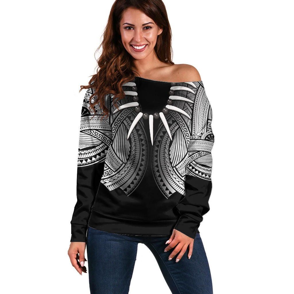 Samoan Ula Nifo Afi Tribal Off Shoulder Sweater Polynesian Pattern LT9 Women Black - Polynesian Pride