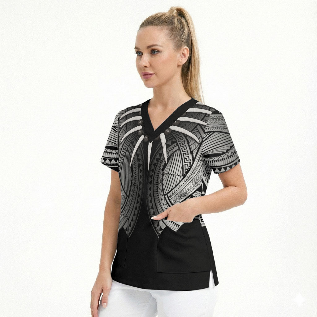Samoan Ula Nifo Afi Tribal Scrub Top Polynesian Pattern