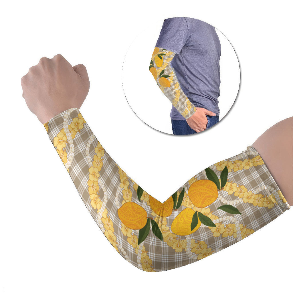 Maku'e Hawaiian Mango Palaka Arm Sleeves Aloha Hibiscus Pikake Lei
