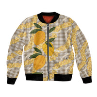 Maku'e Hawaiian Mango Palaka Bomber Jacket Aloha Hibiscus Pikake Lei