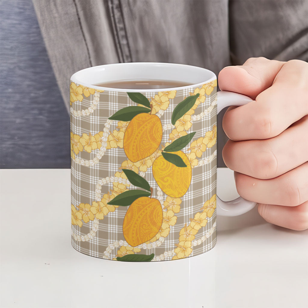 Maku'e Hawaiian Mango Palaka Ceramic Mug Aloha Hibiscus Pikake Lei