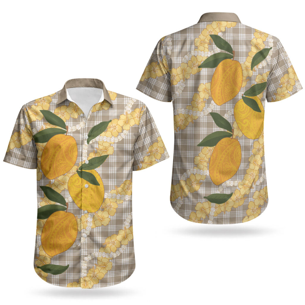 Maku'e Hawaiian Mango Palaka Couples Matching Long Sleeve Bodycon Dress and Hawaiian Shirt Aloha Hibiscus Pikake Lei