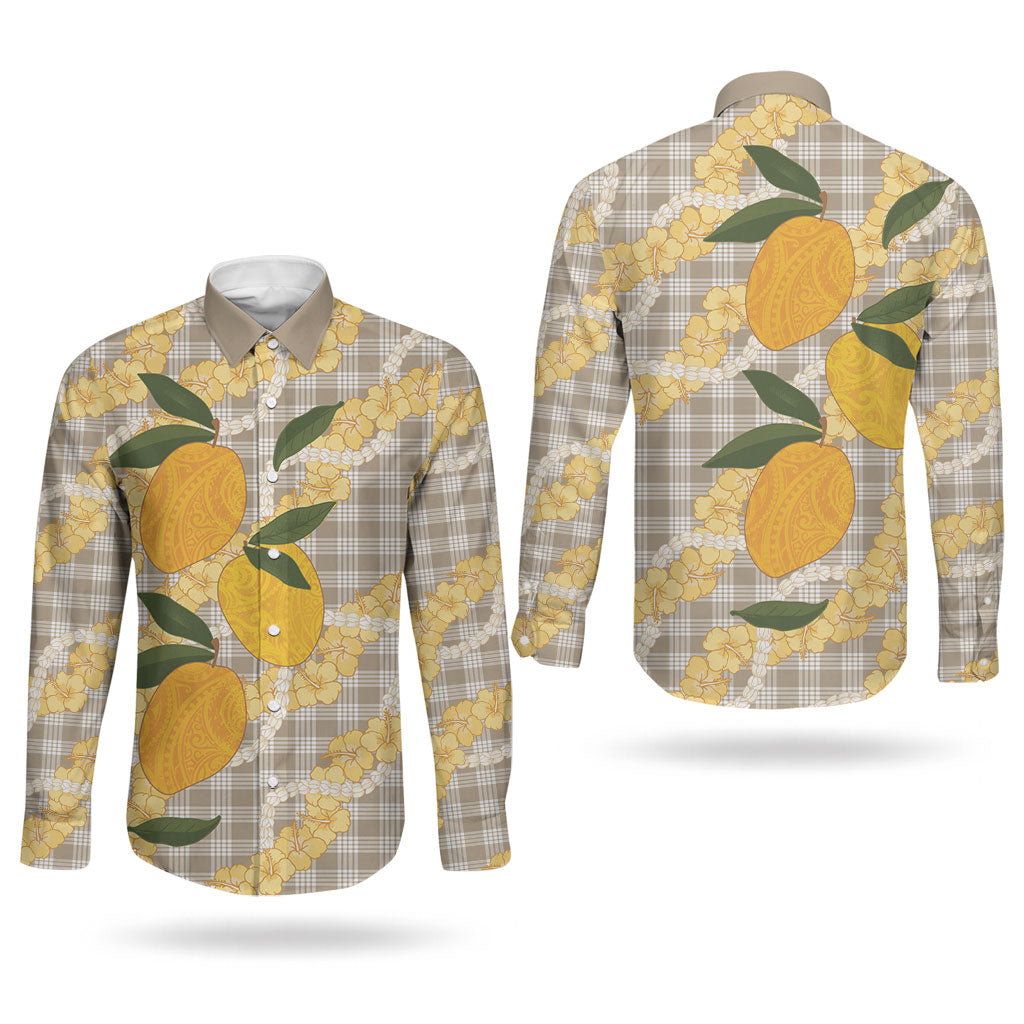 Maku'e Hawaiian Mango Palaka Couples Matching Long Sleeve Bodycon Dress and Long Sleeve Button Shirt Aloha Hibiscus Pikake Lei