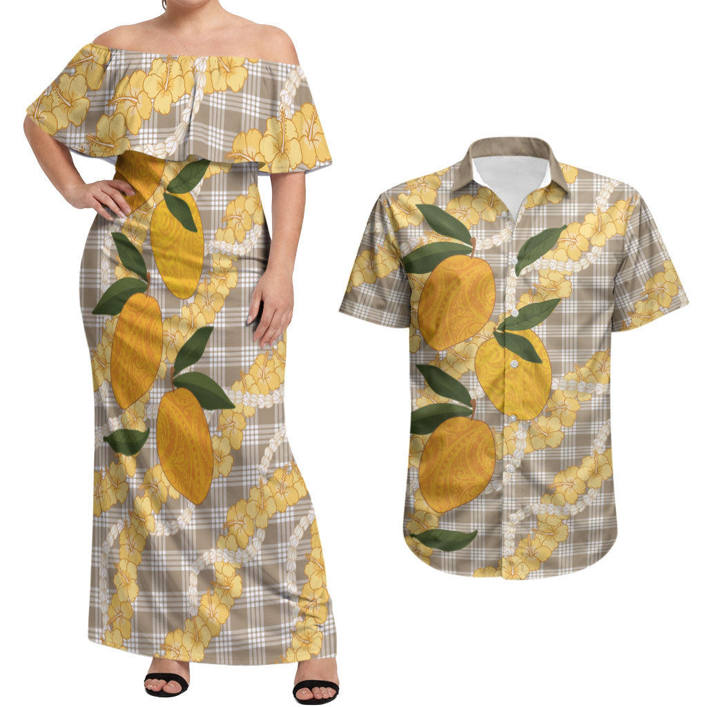 Maku'e Hawaiian Mango Palaka Couples Matching Off Shoulder Maxi Dress and Hawaiian Shirt Aloha Hibiscus Pikake Lei