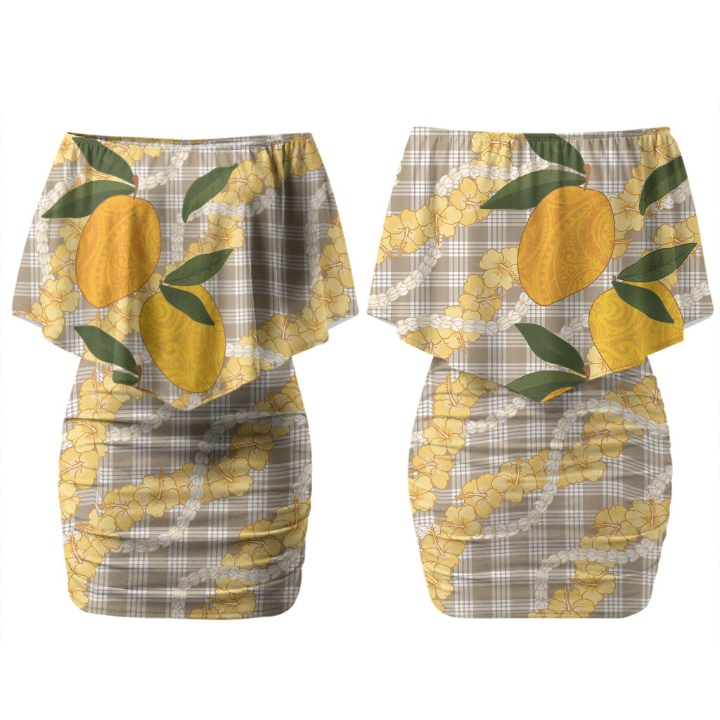 Maku'e Hawaiian Mango Palaka Couples Matching Off Shoulder Short Dress and Hawaiian Shirt Aloha Hibiscus Pikake Lei