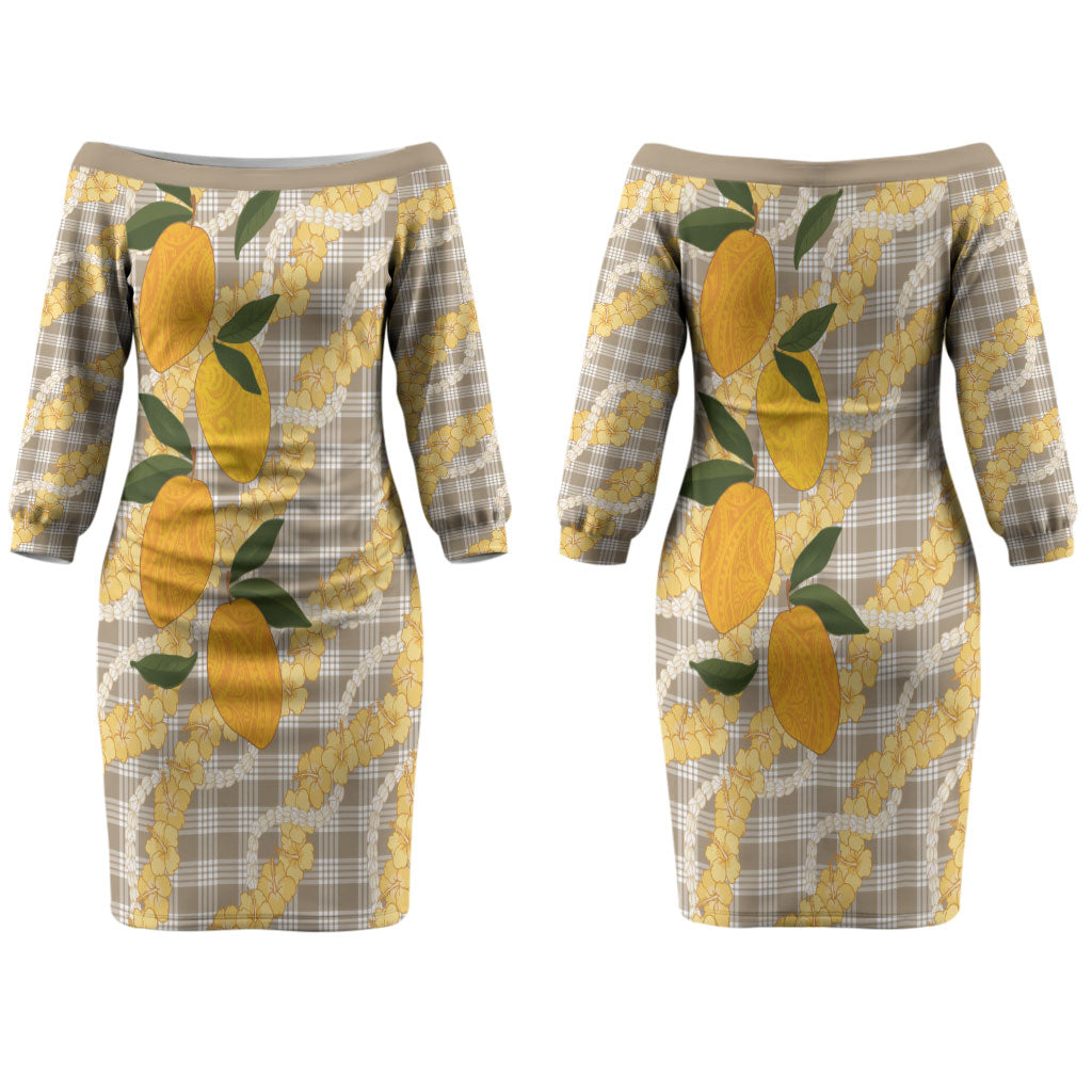 Maku'e Hawaiian Mango Palaka Couples Matching Off The Shoulder Long Sleeve Dress and Hawaiian Shirt Aloha Hibiscus Pikake Lei