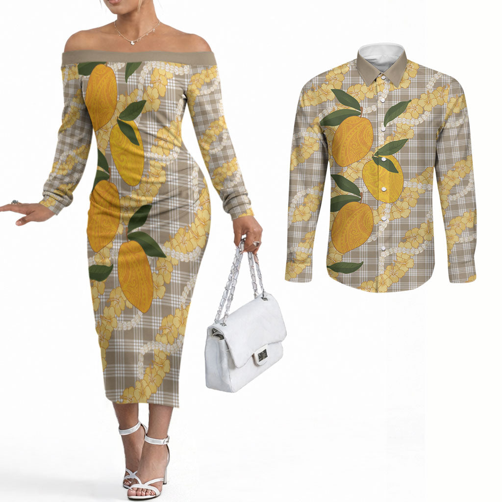 Maku'e Hawaiian Mango Palaka Couples Matching Off The Shoulder Long Sleeve Dress and Long Sleeve Button Shirt Aloha Hibiscus Pikake Lei