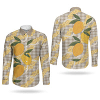 Maku'e Hawaiian Mango Palaka Couples Matching Off The Shoulder Long Sleeve Dress and Long Sleeve Button Shirt Aloha Hibiscus Pikake Lei