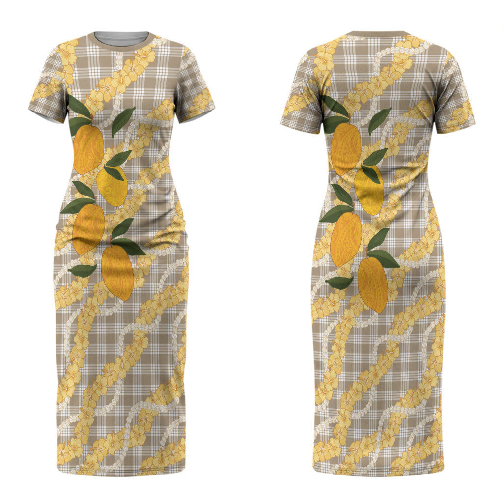 Maku'e Hawaiian Mango Palaka Couples Matching Short Sleeve Bodycon Dress and Hawaiian Shirt Aloha Hibiscus Pikake Lei