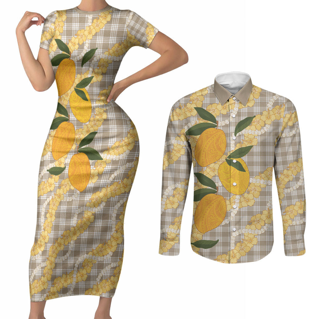 Maku'e Hawaiian Mango Palaka Couples Matching Short Sleeve Bodycon Dress and Long Sleeve Button Shirt Aloha Hibiscus Pikake Lei