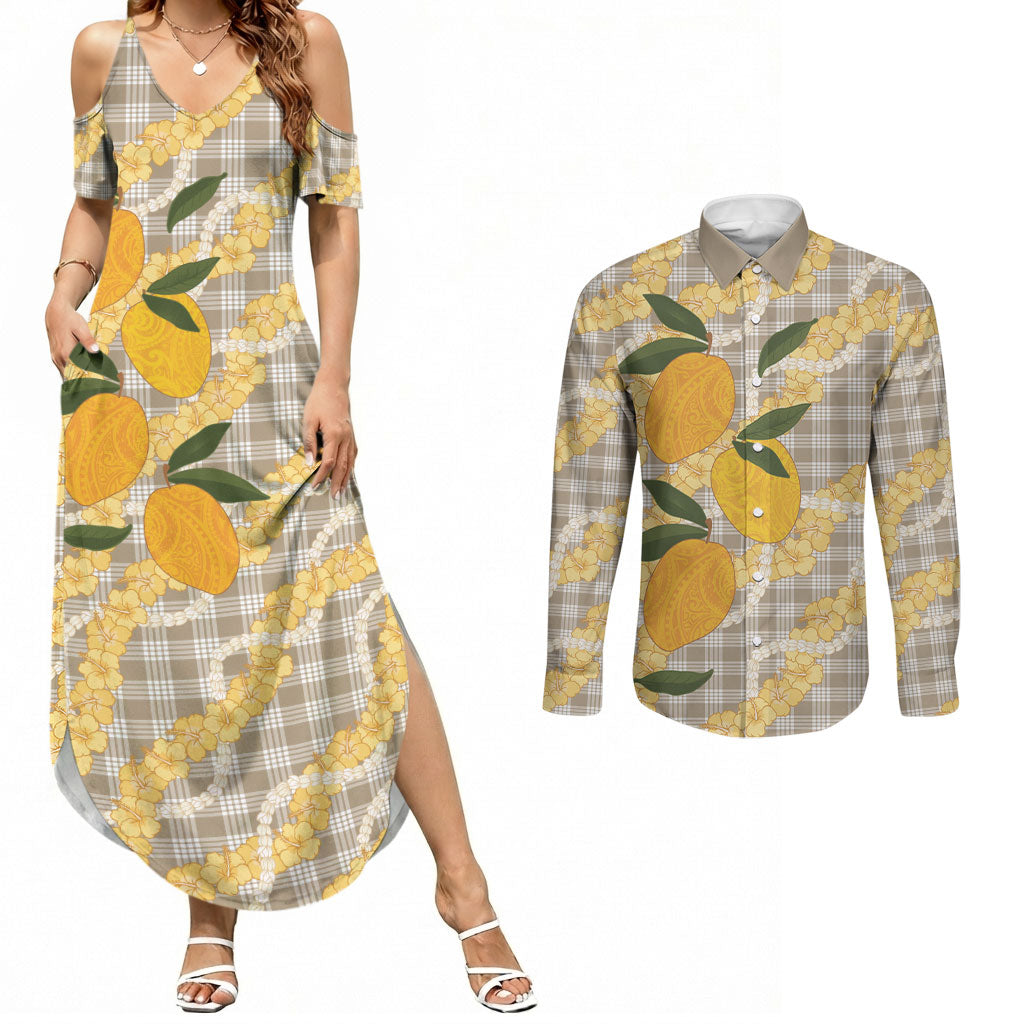 Maku'e Hawaiian Mango Palaka Couples Matching Summer Maxi Dress and Long Sleeve Button Shirt Aloha Hibiscus Pikake Lei