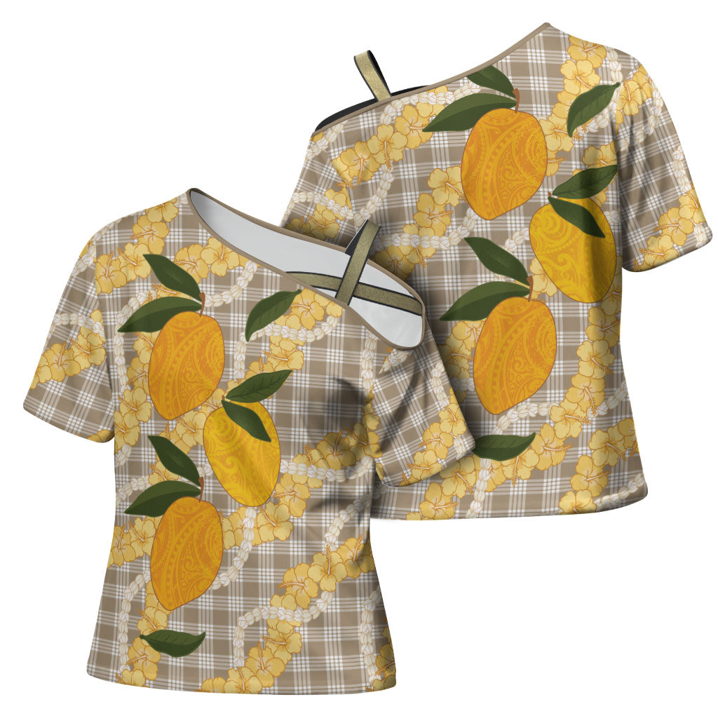Maku'e Hawaiian Mango Palaka Cross Shoulder Shirt Aloha Hibiscus Pikake Lei
