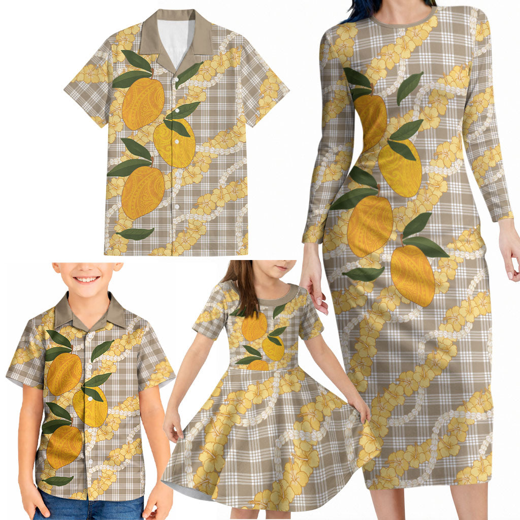 Maku'e Hawaiian Mango Palaka Family Matching Long Sleeve Bodycon Dress and Hawaiian Shirt Aloha Hibiscus Pikake Lei