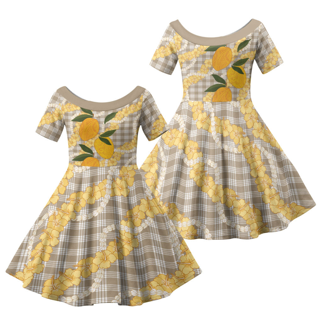 Maku'e Hawaiian Mango Palaka Family Matching Long Sleeve Bodycon Dress and Hawaiian Shirt Aloha Hibiscus Pikake Lei