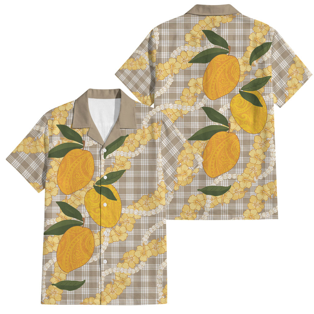 Maku'e Hawaiian Mango Palaka Family Matching Short Sleeve Bodycon Dress and Hawaiian Shirt Aloha Hibiscus Pikake Lei