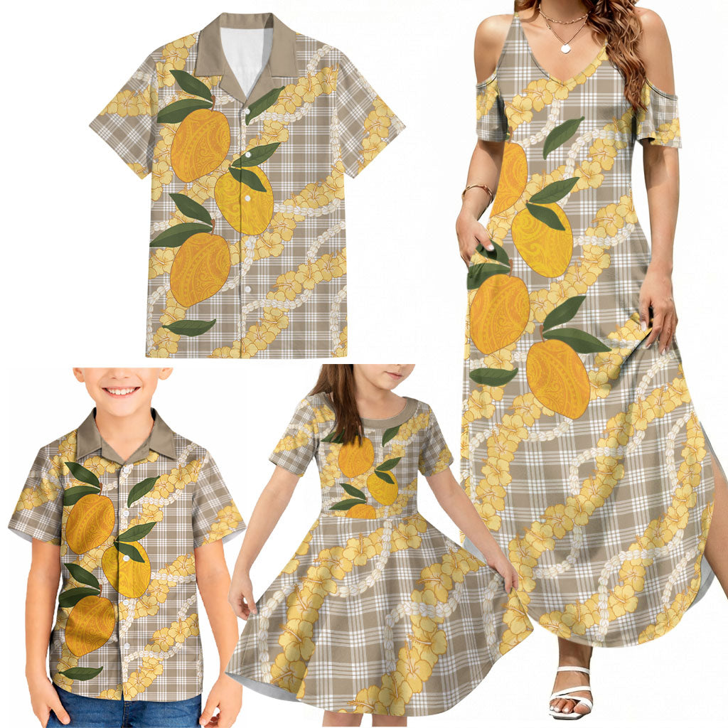 Maku'e Hawaiian Mango Palaka Family Matching Summer Maxi Dress and Hawaiian Shirt Aloha Hibiscus Pikake Lei