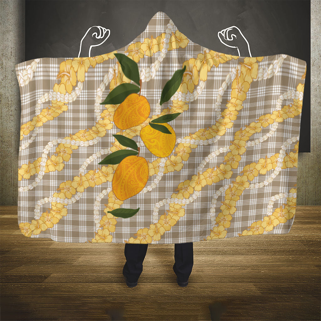 Maku'e Hawaiian Mango Palaka Hooded Blanket Aloha Hibiscus Pikake Lei