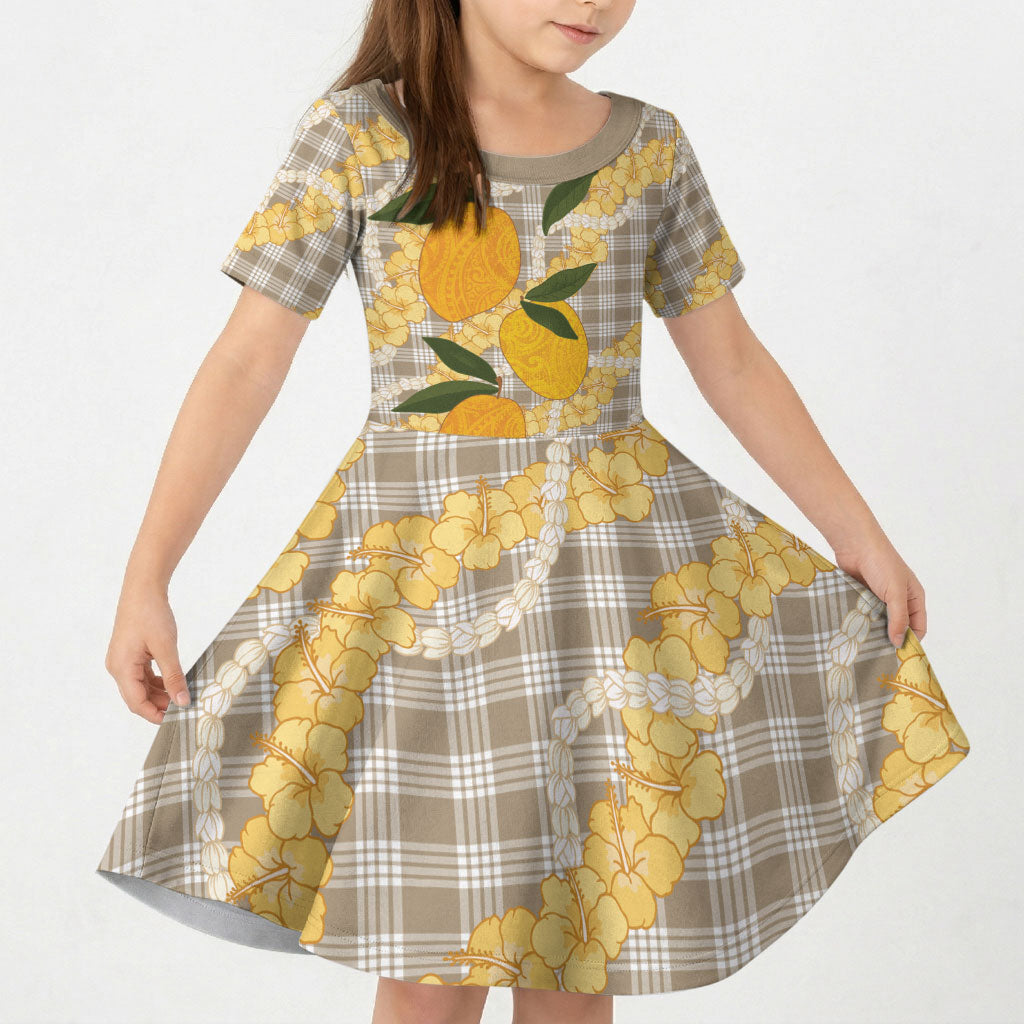 Maku'e Hawaiian Mango Palaka Kid Short Sleeve Dress Aloha Hibiscus Pikake Lei