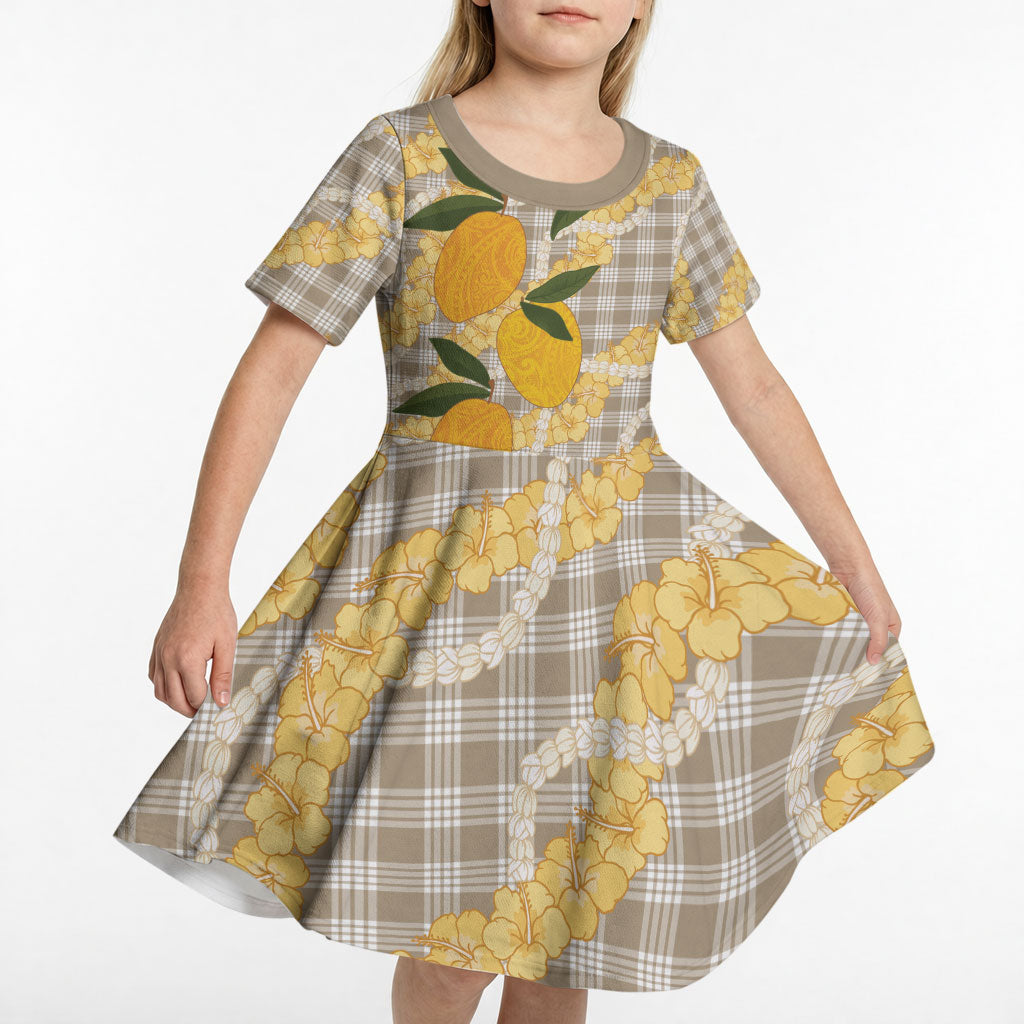 Maku'e Hawaiian Mango Palaka Kid Short Sleeve Dress Aloha Hibiscus Pikake Lei