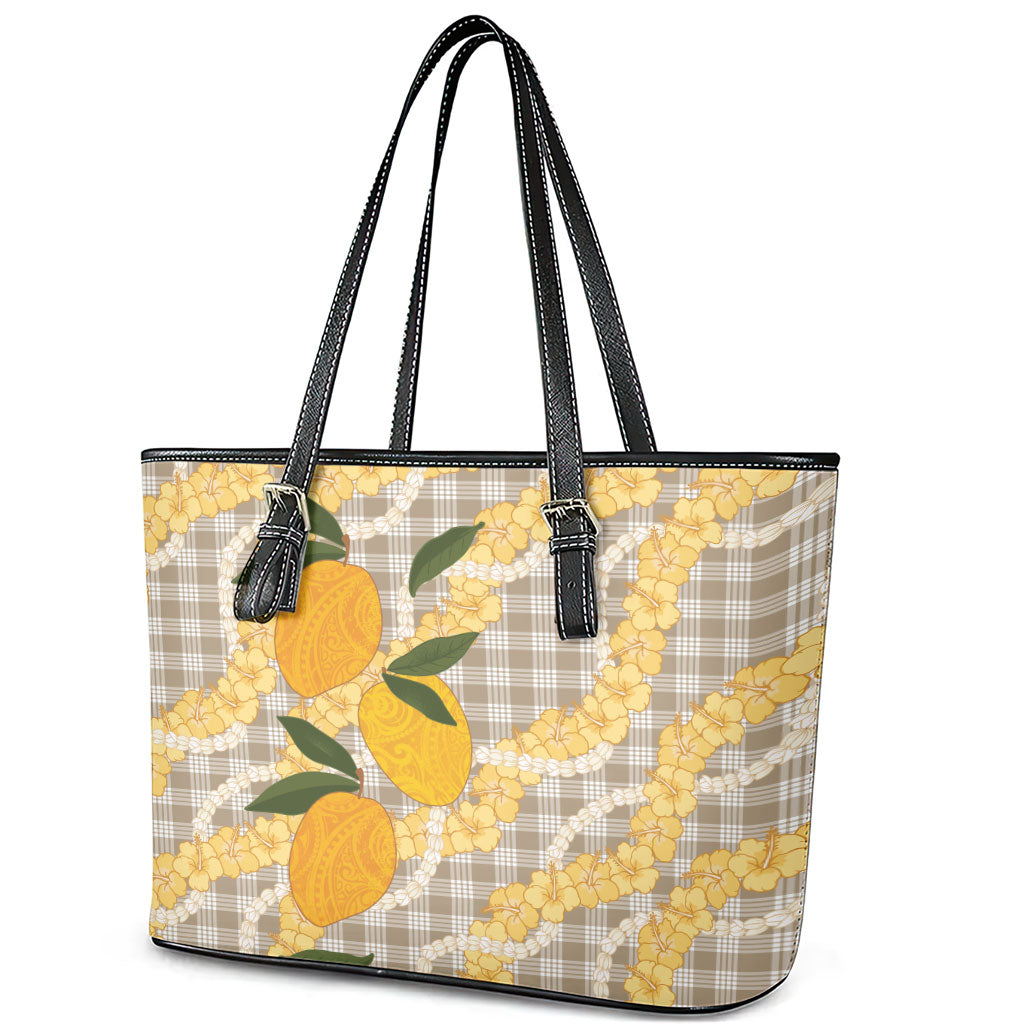 Maku'e Hawaiian Mango Palaka Leather Tote Bag Aloha Hibiscus Pikake Lei