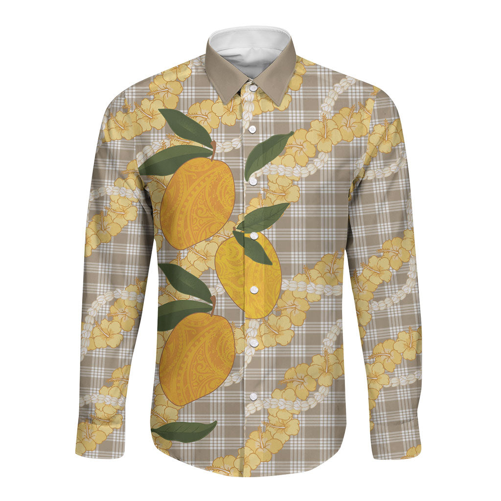 Maku'e Hawaiian Mango Palaka Long Sleeve Button Shirt Aloha Hibiscus Pikake Lei