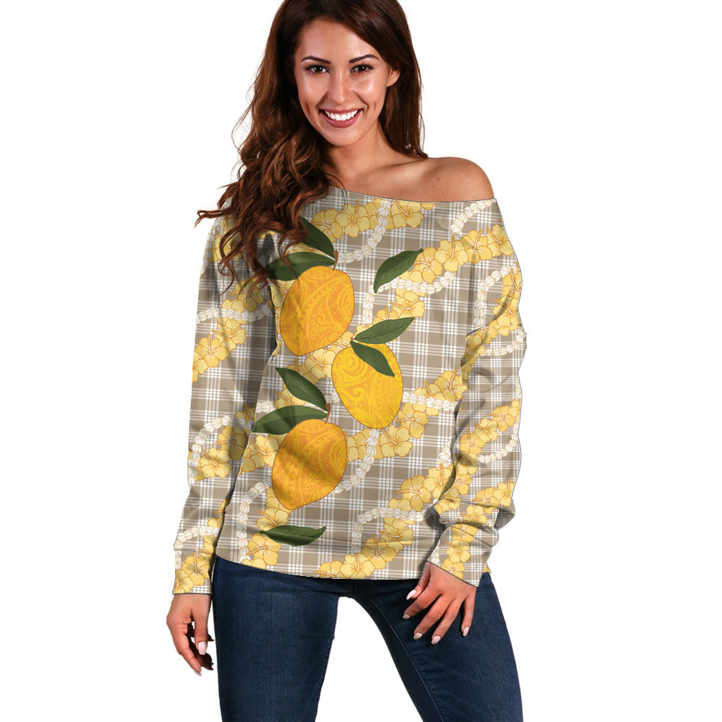 Maku'e Hawaiian Mango Palaka Off Shoulder Sweater Aloha Hibiscus Pikake Lei
