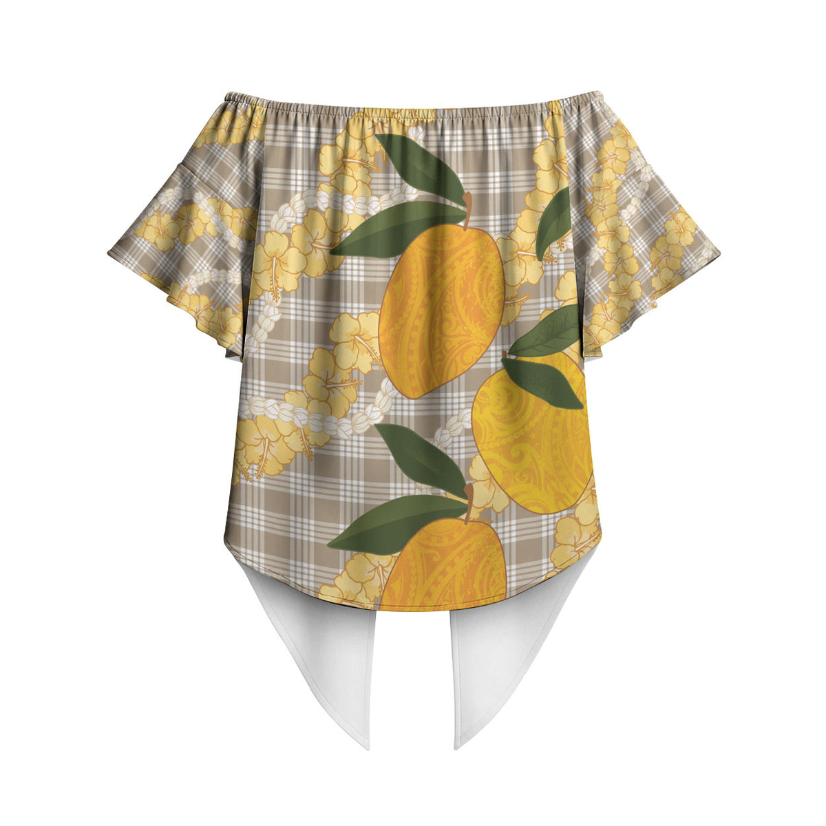 Maku'e Hawaiian Mango Palaka Off Shoulder Wrap Waist Top Aloha Hibiscus Pikake Lei LT9 - Polynesian Pride