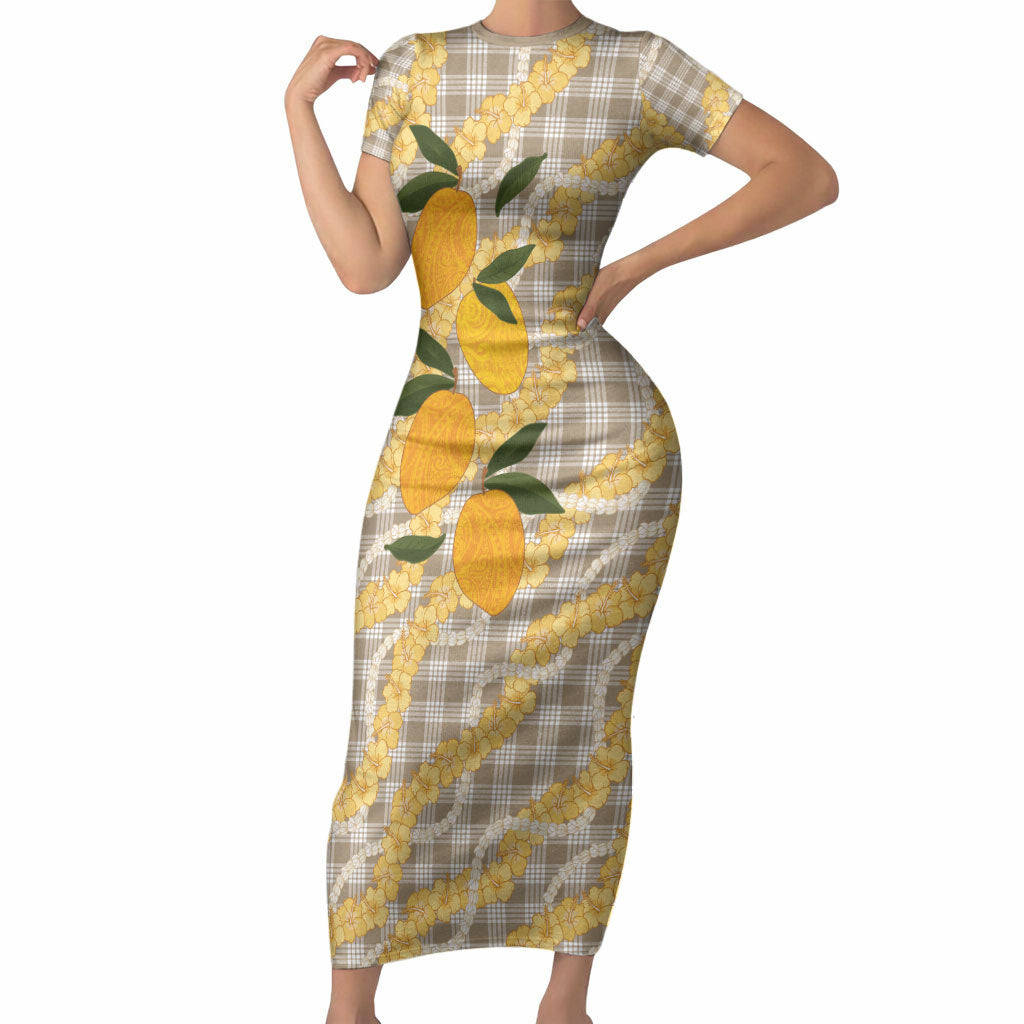 Maku'e Hawaiian Mango Palaka Short Sleeve Bodycon Dress Aloha Hibiscus Pikake Lei