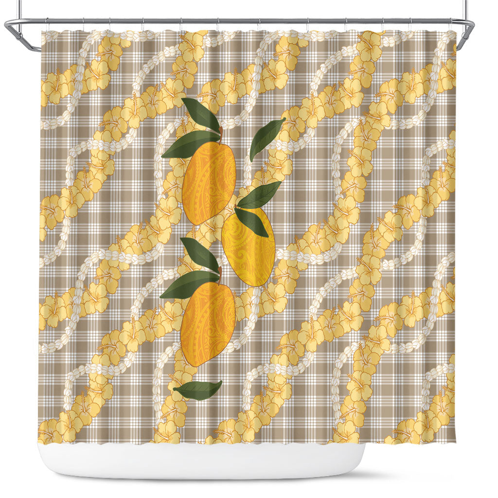 Maku'e Hawaiian Mango Palaka Shower Curtain Aloha Hibiscus Pikake Lei