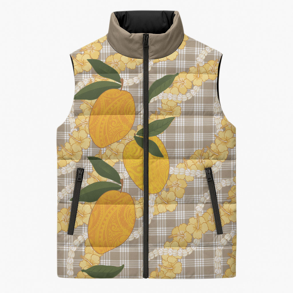 Maku'e Hawaiian Mango Palaka Sleeveless Puffer Jacket Aloha Hibiscus Pikake Lei
