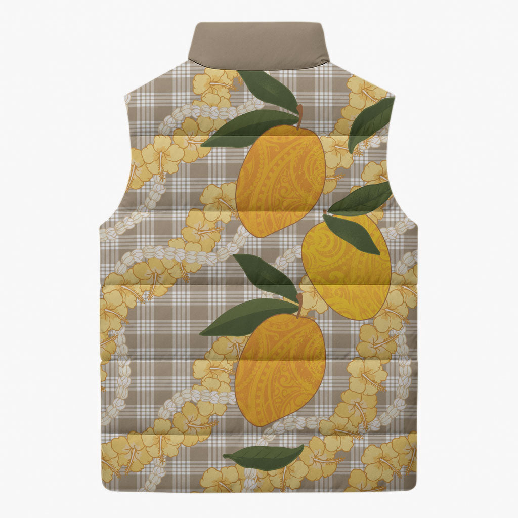 Maku'e Hawaiian Mango Palaka Sleeveless Puffer Jacket Aloha Hibiscus Pikake Lei