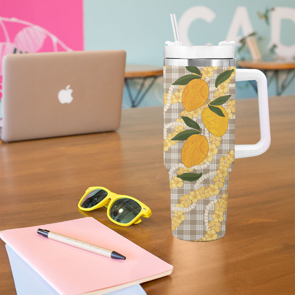 Maku'e Hawaiian Mango Palaka Tumbler With Handle Aloha Hibiscus Pikake Lei