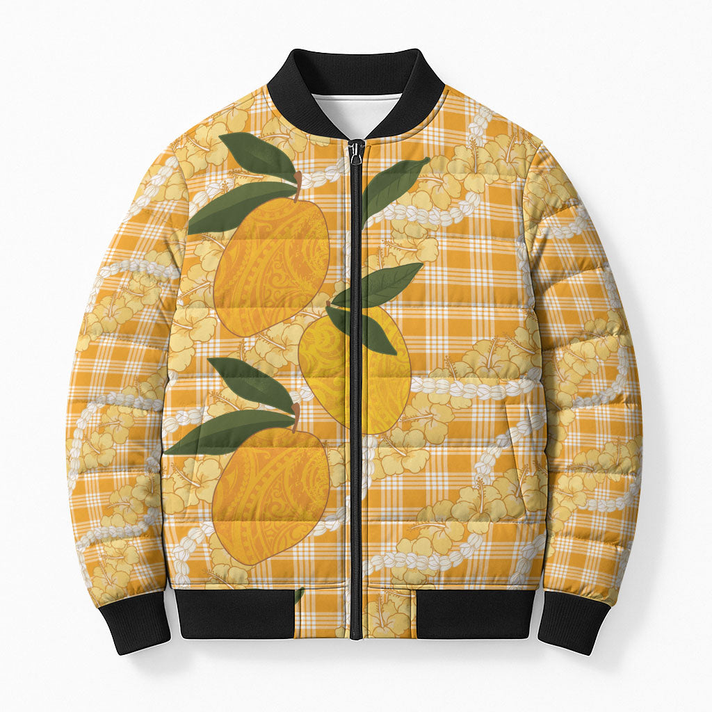 Alani Hawaiian Mango Palaka Bomber Puffer Jacket Aloha Hibiscus Pikake Lei