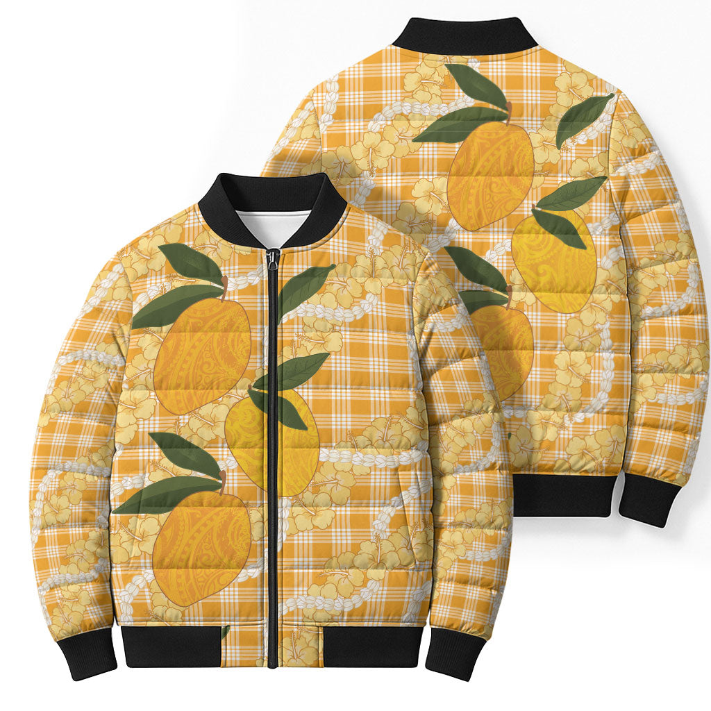 Alani Hawaiian Mango Palaka Bomber Puffer Jacket Aloha Hibiscus Pikake Lei